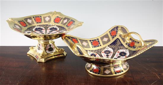 A Royal Crown Derby comport and a similar two handled bread dish, date codes XLIII and XLVI, 24.5cm and 28.5cm